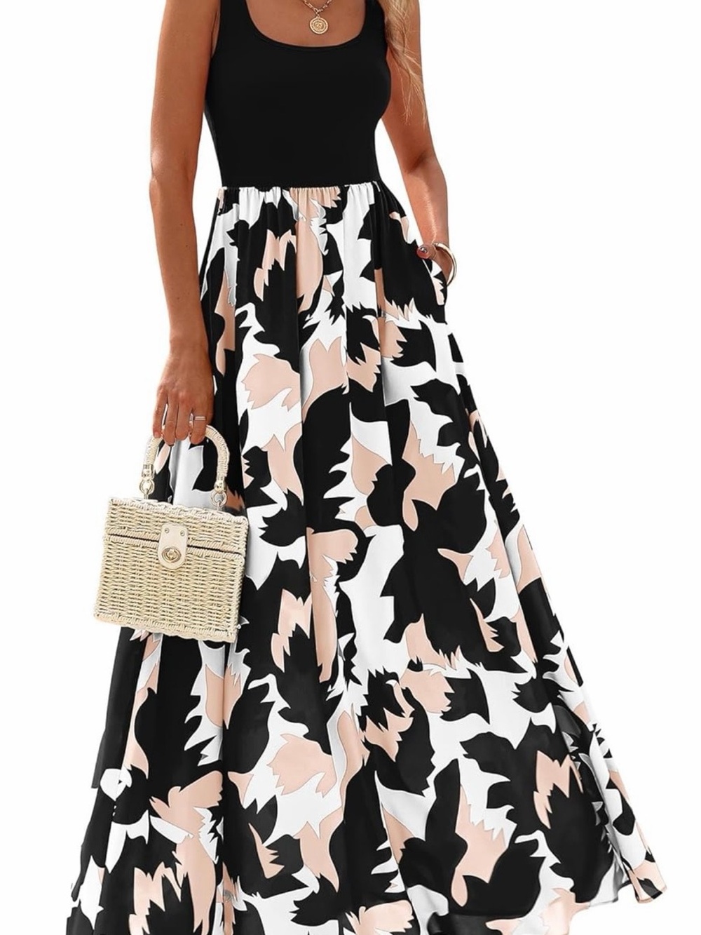 Sleeveless Black Maxi Dress with Cream & Tan Abstract Skirt